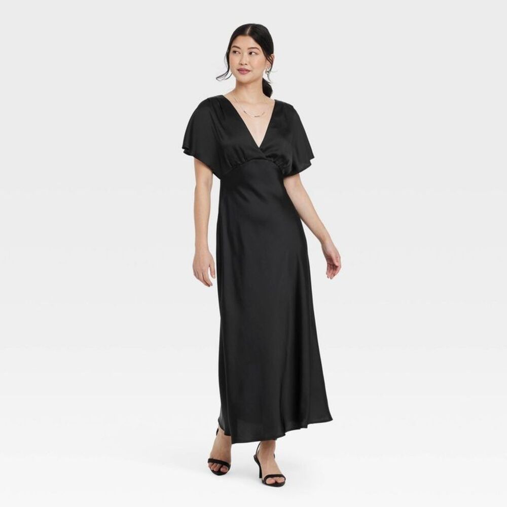 Women's Satin Flutter Short Sleeve Deep V-Neck Maxi Dress - Black M